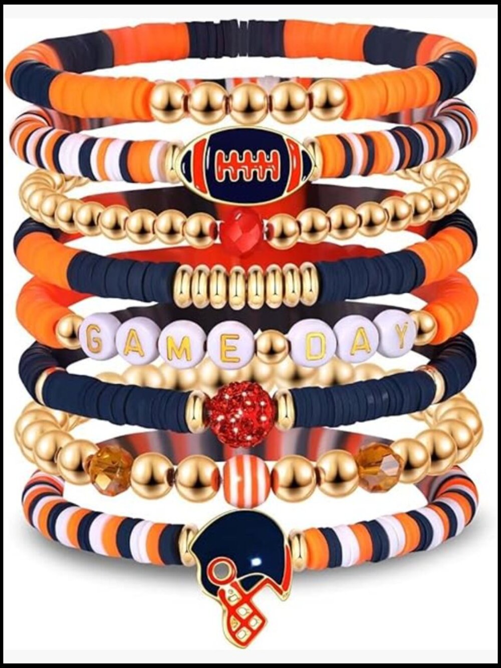 Game Day Bracelets Set: 8 Pack Stackable Charm Bracelets with Football